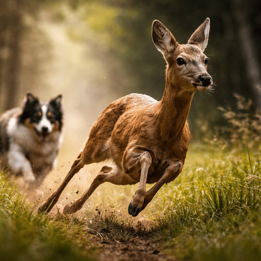 Une chevrette en fuite dans un sous-bois, poursuivie par un chien lancé à pleine vitesse, illustrant le stress intense infligé à la faune sauvage lors des courses poursuites, pouvant entraîner des conséquences graves comme l’avortement chez les femelles gestantes.